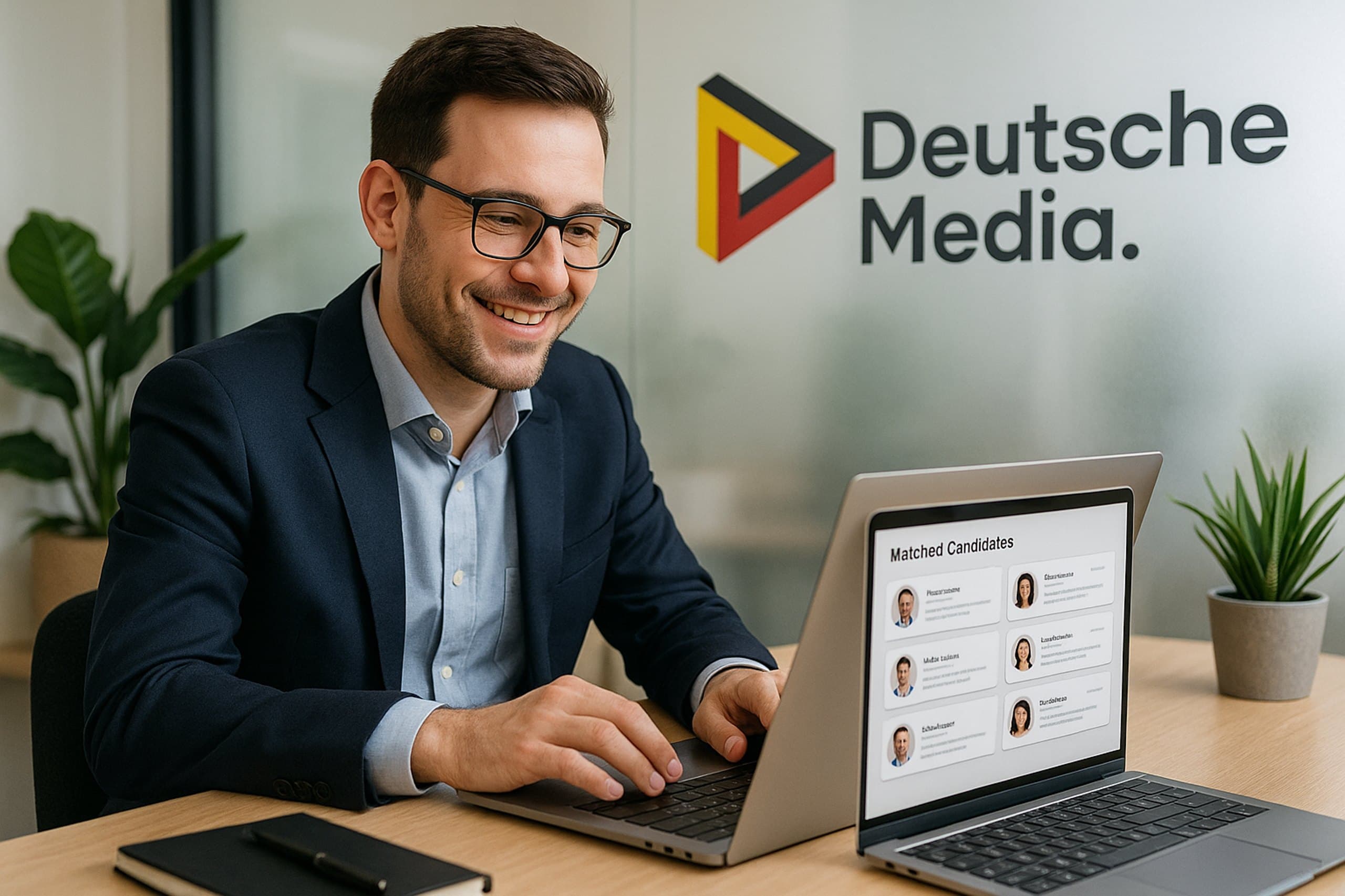 Personalverantwortlicher sieht am Laptop die Liste der von der KI vorqualifizierten Kandidatinnen und Kandidaten.