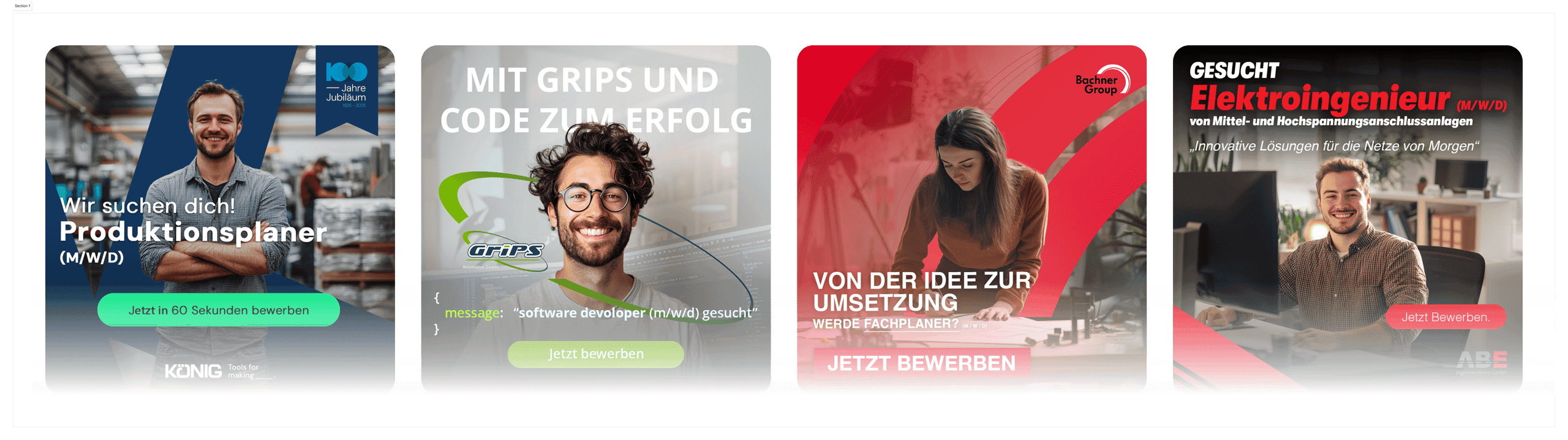 Vier Recruiting-Anzeigen verschiedener Arbeitgeber nebeneinander, jeweils mit Stellentitel, Mitarbeiterfoto und Bewerben-Button.