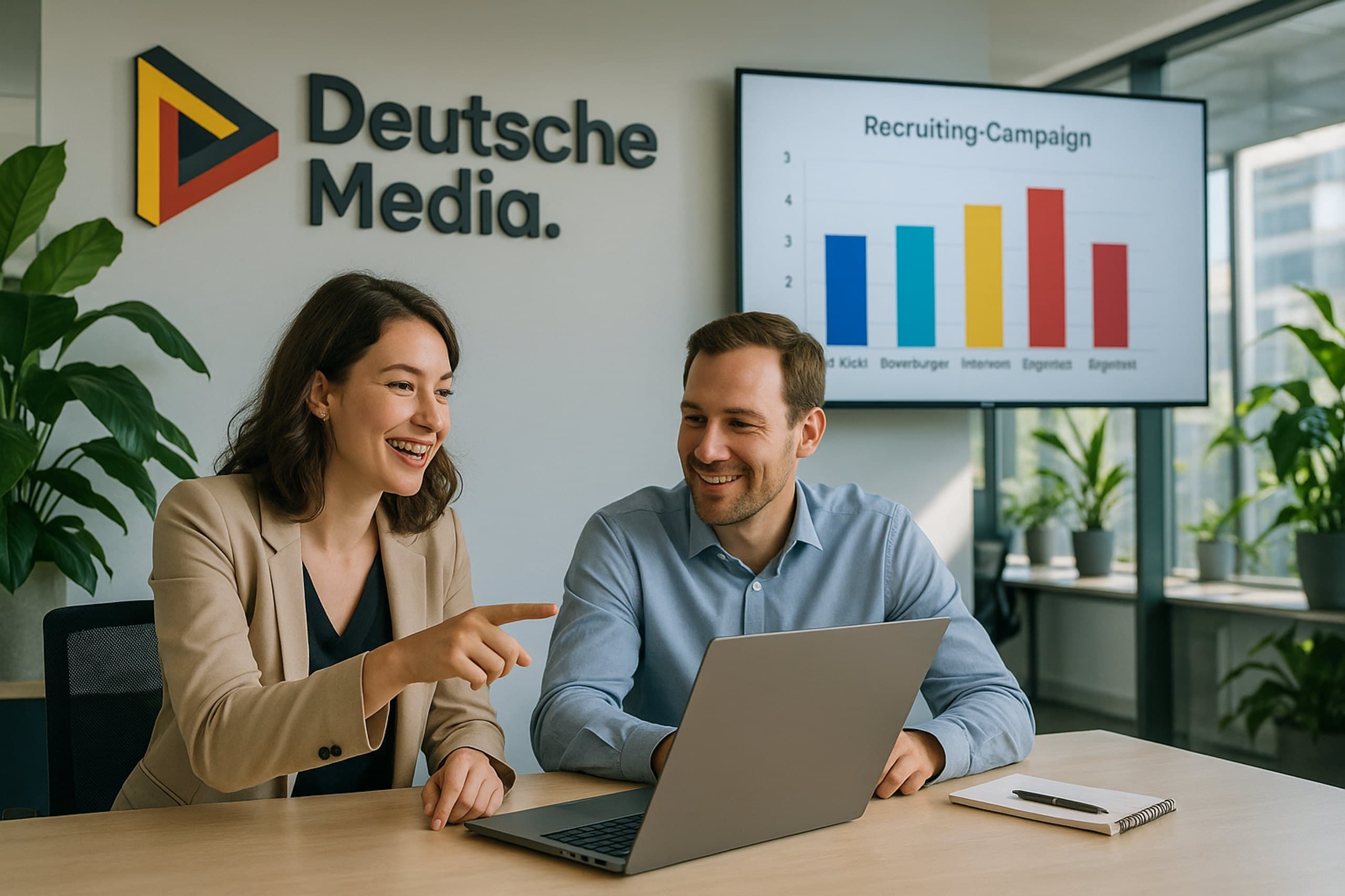 Zwei Mitarbeitende sitzen im Büro von Deutsche Media gemeinsam vor einem Laptop, im Hintergrund zeigt ein Monitor die Auswertung einer Recruiting-Kampagne.