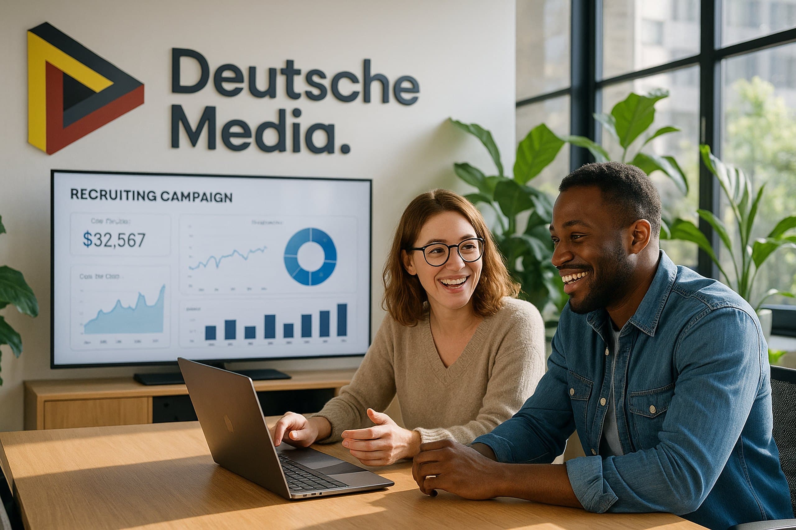 Zwei Personen betrachten gemeinsam die Kennzahlen einer laufenden Recruiting-Kampagne auf einem großen Bildschirm.