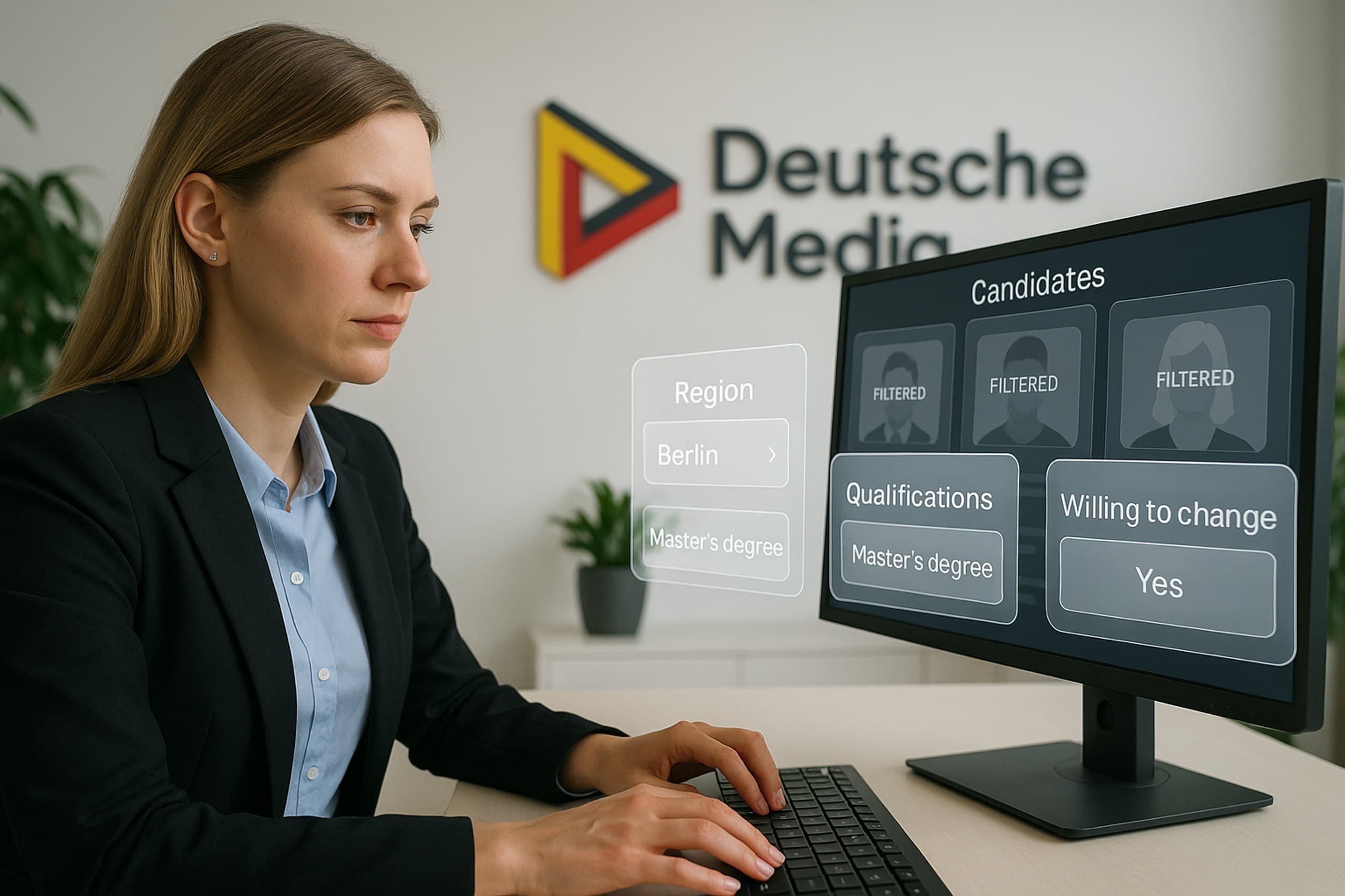 Mitarbeiterin am Schreibtisch filtert am Bildschirm Kandidatenprofile nach Region, Qualifikation und Wechselbereitschaft.