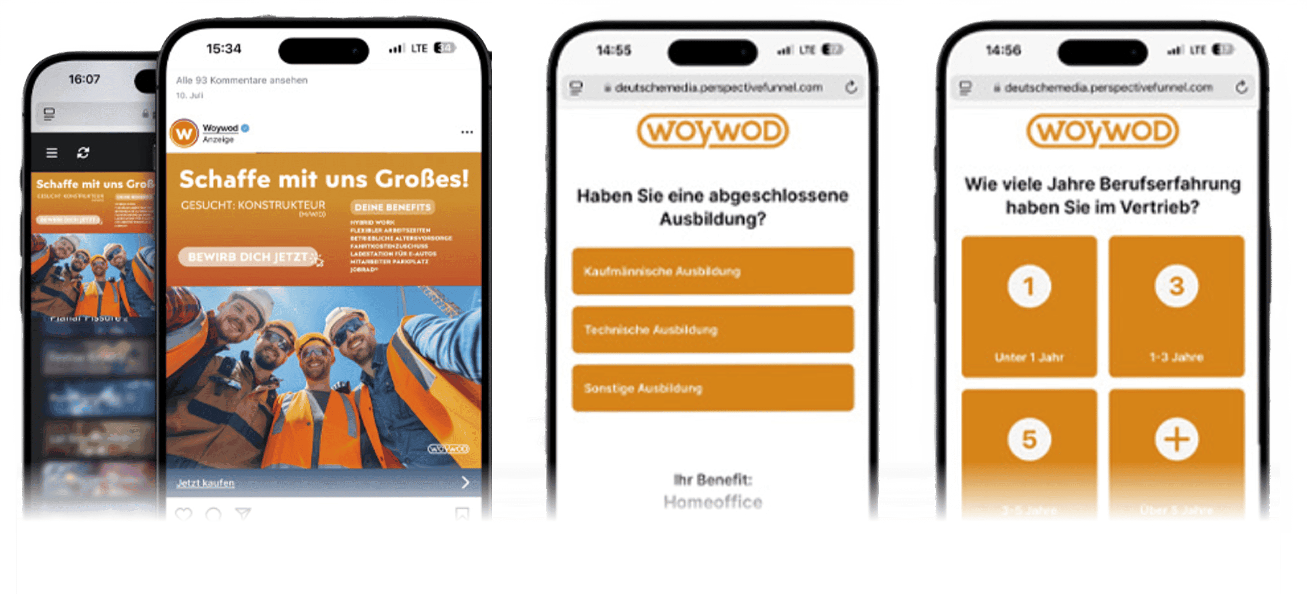 Vier Smartphones zeigen eine Recruiting-Anzeige im Social-Media-Feed und die mobile Bewerbungsstrecke mit Fragen zu Ausbildung und Berufserfahrung.