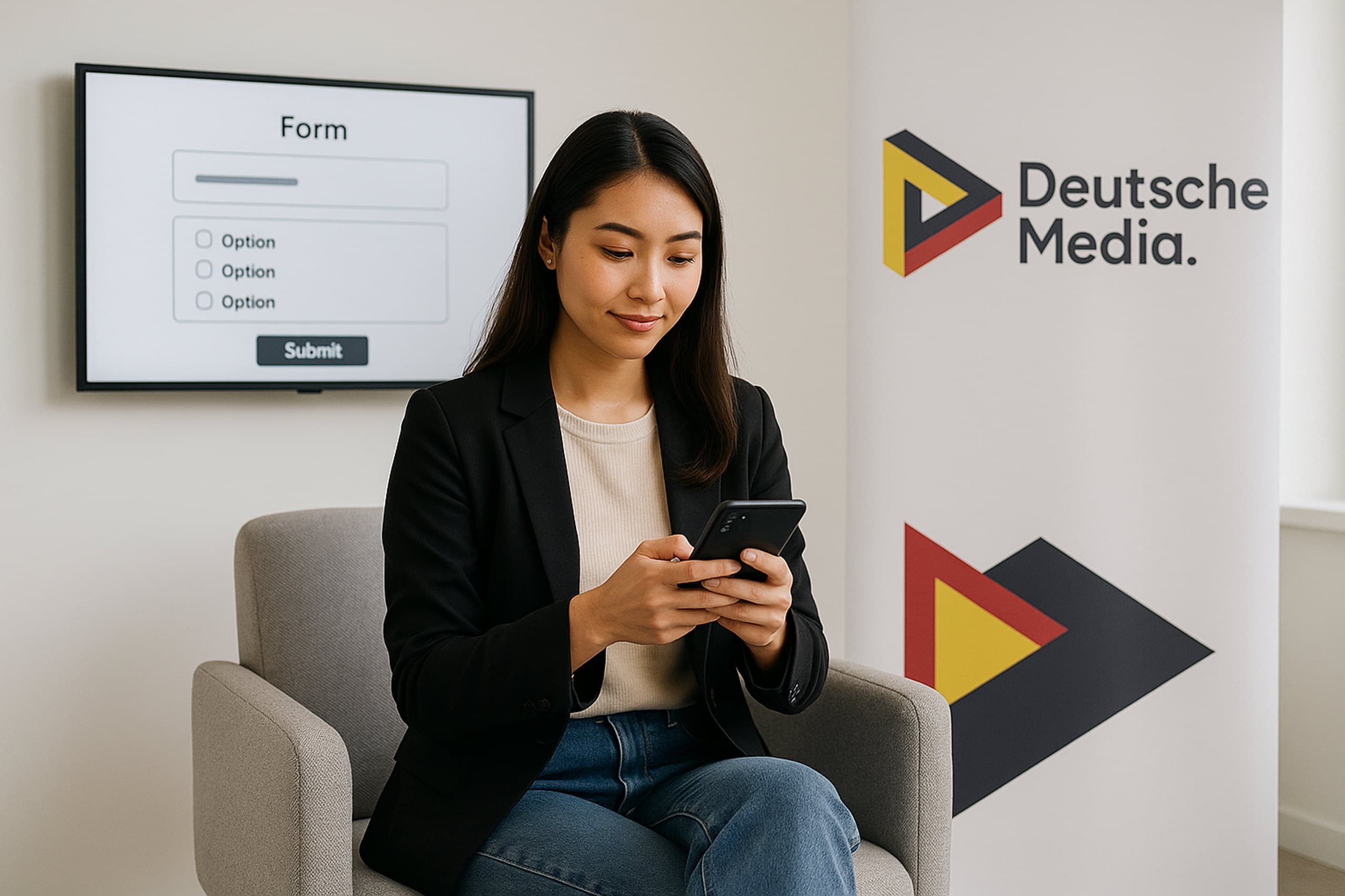 Bewerberin sitzt in einem Sessel und füllt auf dem Smartphone den kurzen Fragebogen der mobil optimierten Bewerbungsseite aus.