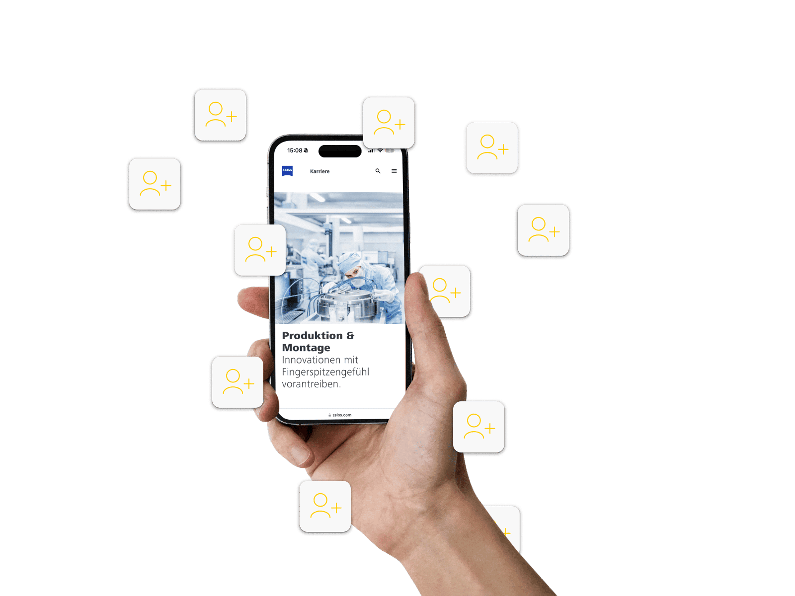 Hand hält ein Smartphone mit einer Karriereseite, umgeben von schwebenden Kacheln mit gelben Icons für neu gewonnene Kandidaten