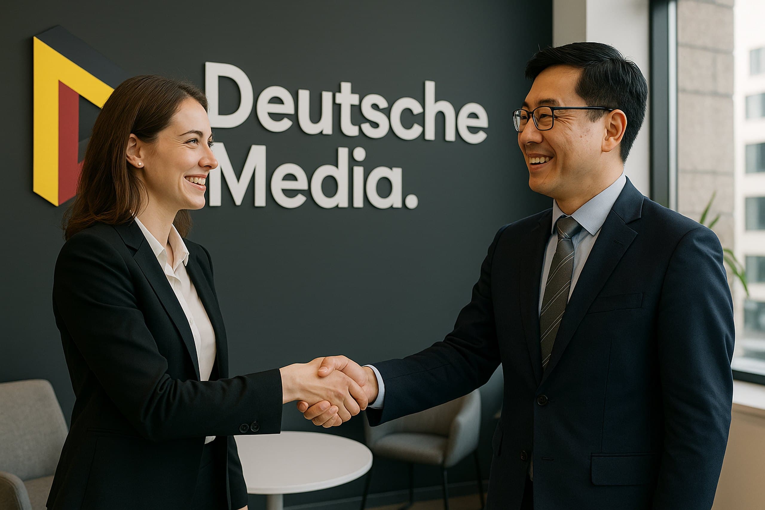 Händedruck zwischen einer Personalverantwortlichen und einem neuen Mitarbeiter vor der Wand mit dem Deutsche-Media-Logo.